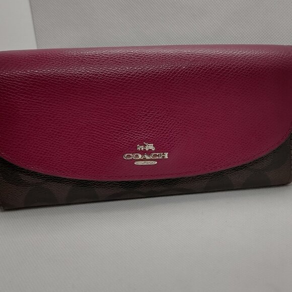💓Coach Women's Fold Over Snap Closure Long Wallet -Fushia - Picture 1 of 11